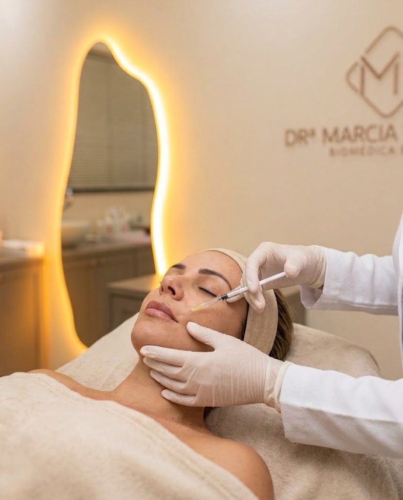 Paciente deitada recebendo aplicação facial próxima à região dos lábios com seringa e luvas