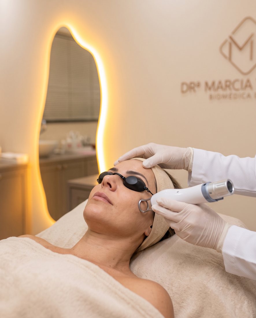 Aplicação de Laser Lavieen no rosto com óculos de proteção