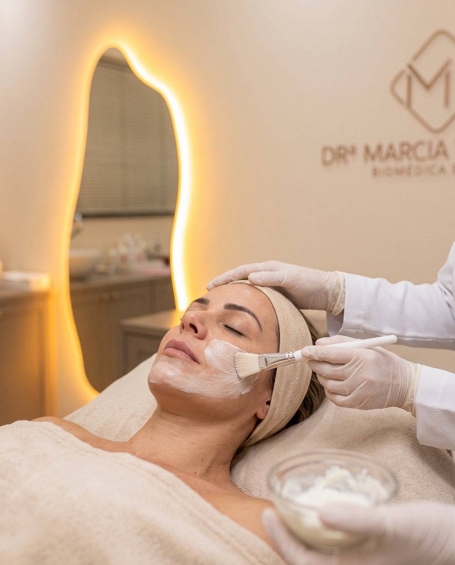 Aplicação de máscara facial com pincel na bochecha de uma paciente deitada