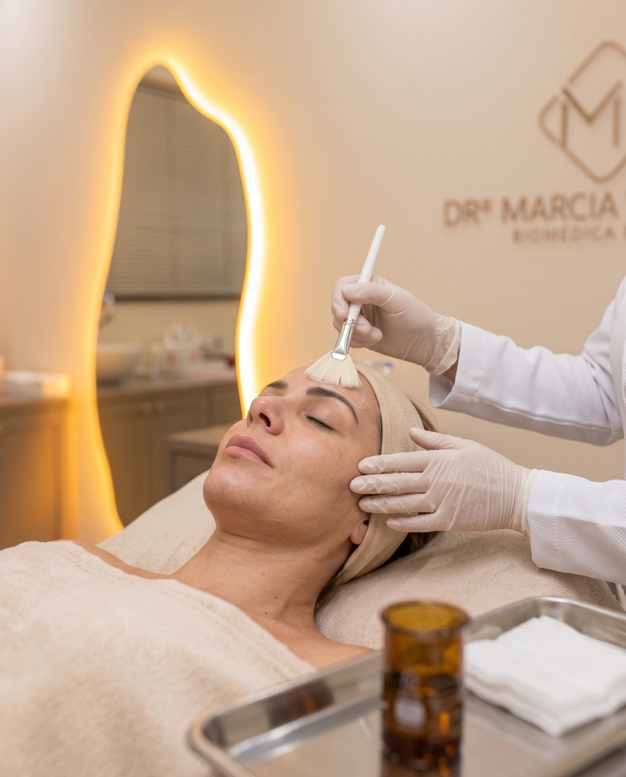 Aplicação de produto com pincel na testa de uma paciente durante cuidado de peeling químico