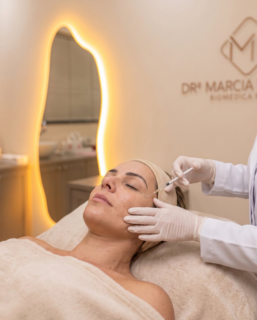 Aplicação de skinbooster com micropunturas de ácido hialurônico na bochecha